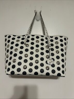 Michael Kors White Tote with Black Polka Dots & Silver Studs